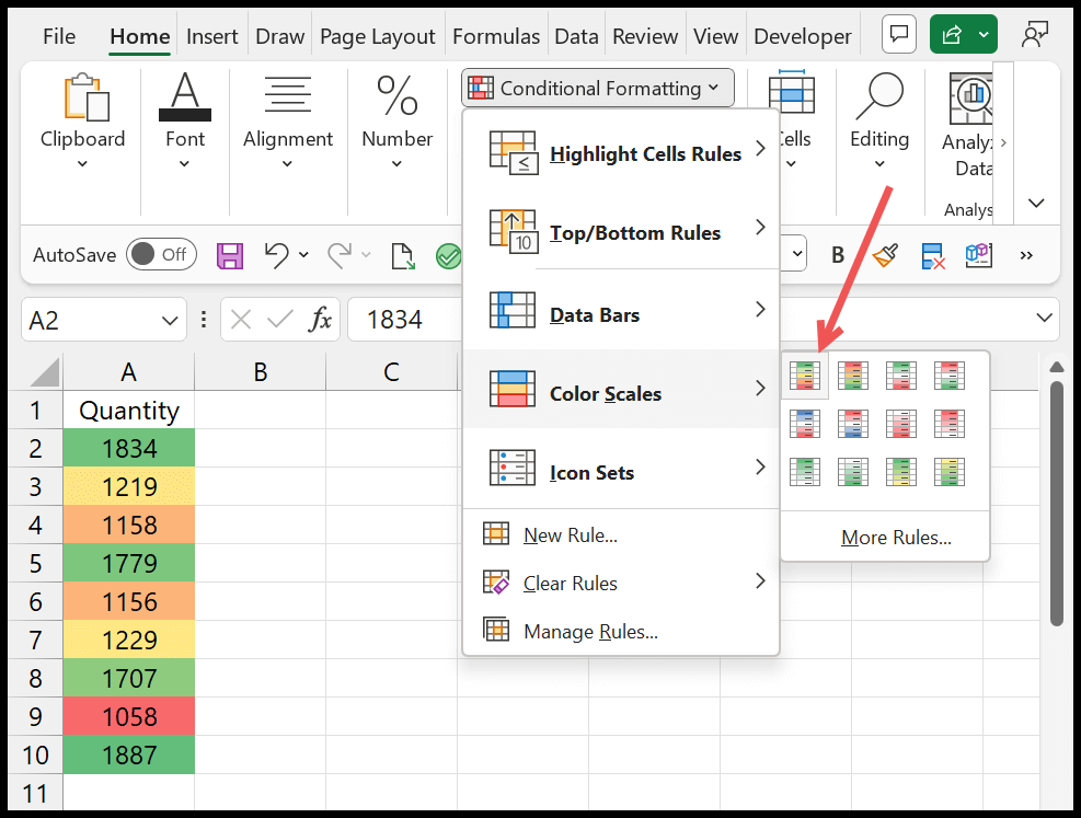 Anwenden einer Farbskala in Excel mit bedingter Formatierung