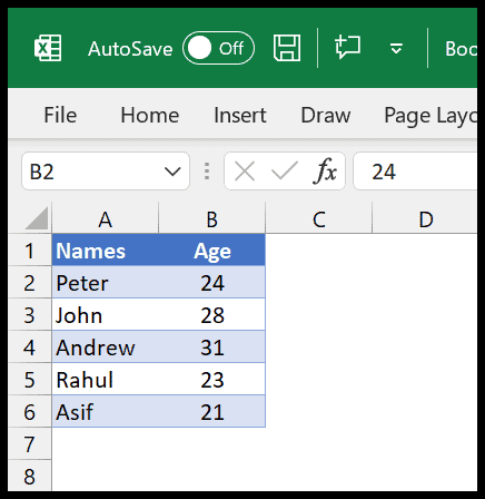 elenco di nomi ed età