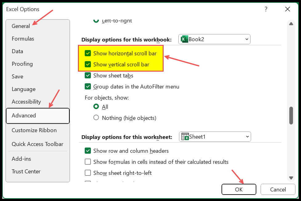 mostra la barra di scorrimento all'indietro in Excel