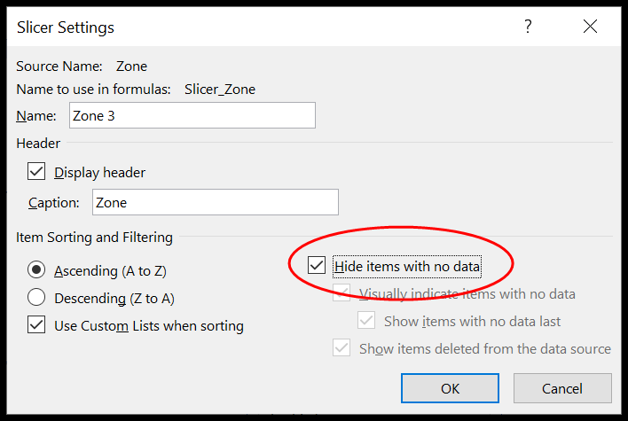tick the box against hide item with no data