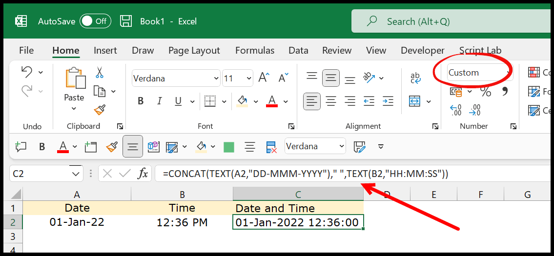 Textfunktion zum Kombinieren von Datum und Uhrzeit