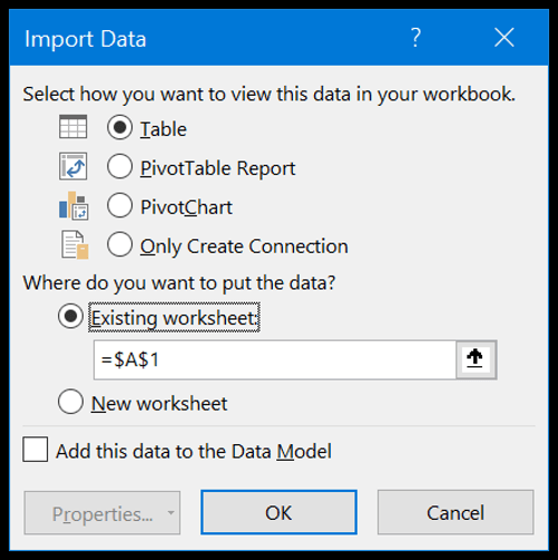 opzioni di importazione dei dati