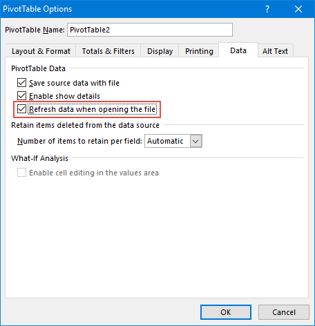 Refresh semua tabel pivot saat membuka file