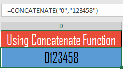 Utilizzo della funzione Concatena per aggiungere zeri iniziali in Excel prima di un numero