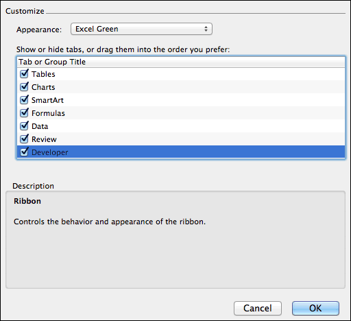 Desde la sección de personalización agregue una pestaña de desarrollador en Excel 2011 para Mac