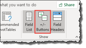 Excel 피벗 테이블 팁 확장 또는 축소 버튼 표시를 숨기는 요령