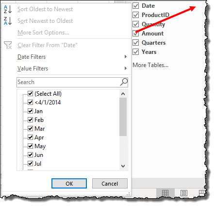 Excel PivotTable-Tipps und Tricks zum Filtern von Feldern im Fenster „PivotTable-Felder“.