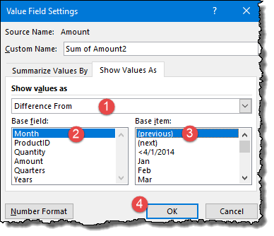 Trucos de consejos de tabla dinámica de Excel para insertar una columna de diferencia, seleccione anterior de las opciones