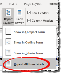 Excel 피벗 테이블 팁 모든 항목 레이블을 반복하는 요령