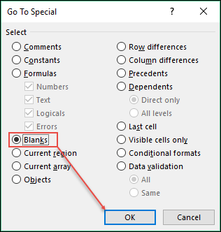 빈 셀을 강조 표시하는 Excel 팁과 요령 빈 옵션 클릭