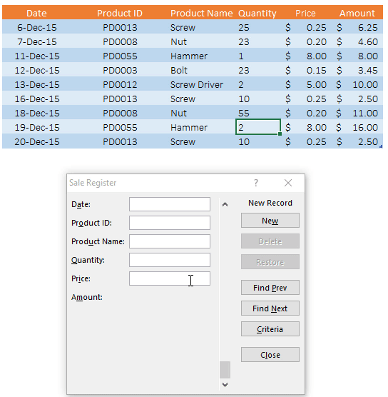 entrer des données dans un tableau avec ce formulaire de saisie de données dans Excel