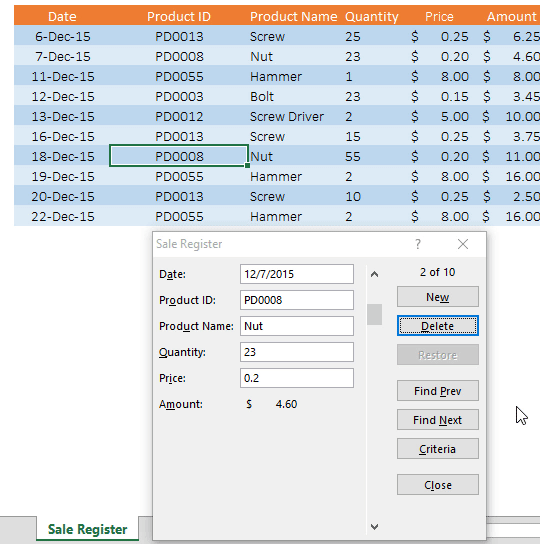eliminar entrada usando esta entrada de datos en Excel de la tabla