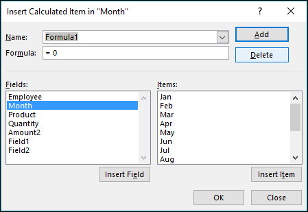 Calculated Item Dialog Box To Insert Calculation In Pivot Table