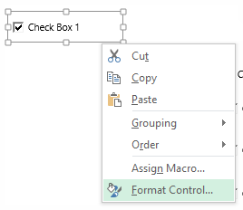 Insertar casilla de verificación en Excel, hacer clic derecho sobre ella, seleccionar control de formato