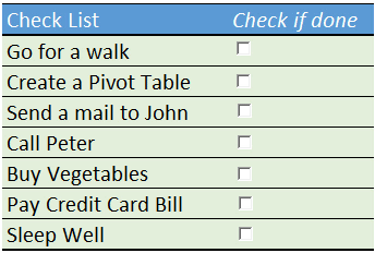 inserte una casilla de verificación en Excel para crear una lista de verificación