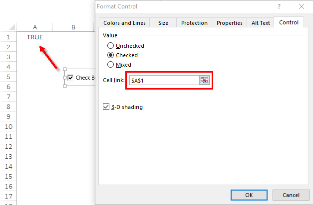 Vincular celda después de insertar la casilla de verificación en Excel