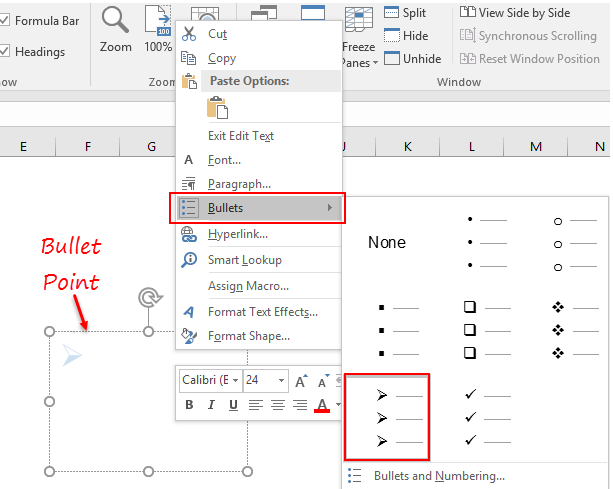 use text box to insert bullet point in excel