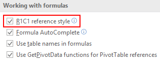 abilitare lo stile di riferimento r1c1 dalle opzioni in Excel