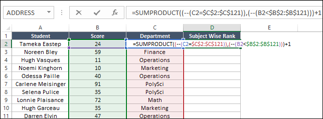 add formulas to data table to create rank if with sumproduct for conditional ranking