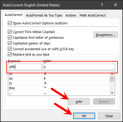 add text in auto correct option for delta symbol in excel