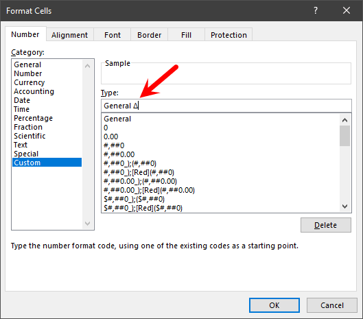 add custom format in input bar with delta symbol excel