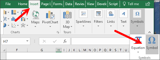 go to insert tab to insert delta symbol in excel
