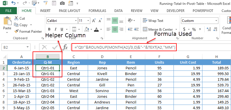 apply running total in pivot table using helper column in source data