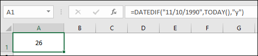 calcular la edad en Excel usando la función dateif usando la fecha de nacimiento obtener años completos