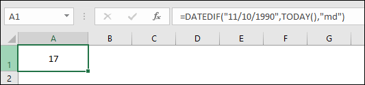 calcolare l'età in Excel utilizzando la funzione datedif utilizzando la data di nascita per ottenere giorni interi