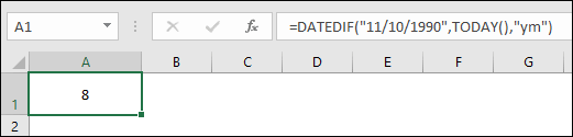 calcolare l'età in Excel utilizzando la funzione datedif utilizzando la data di nascita per ottenere mesi interi