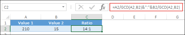 حساب النسبة في Excel بطريقة بسيطة مع إدخال قيم دالة GCD في الصيغة