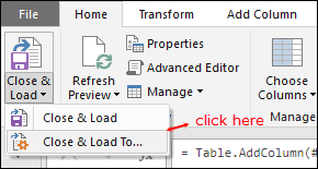 haga clic en cerrar y cargar para obtener datos de raíz cuadrada en una hoja de trabajo existente usando Power Query en Excel