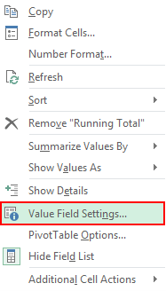 click on value field setting to add running total in pivot table