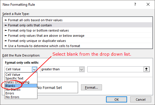 how to highlight blank cells select blank from drop down