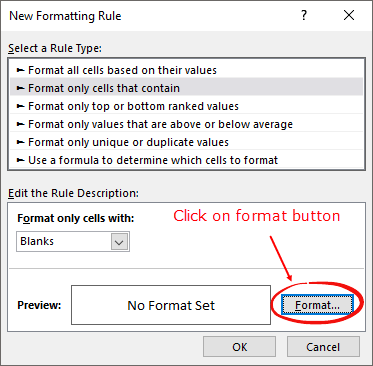 how to highlight blank cells click format button