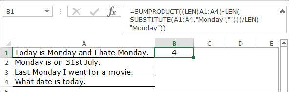 عد الكلمات في Excel محددة مع صيغة مجموع المنتج