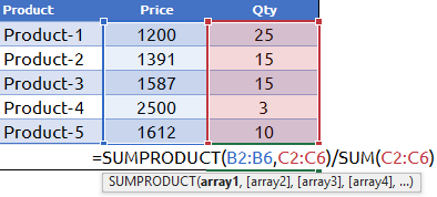 ingrese fórmulas en la tabla de datos para usarlas para calcular el promedio ponderado en Excel con producto suma