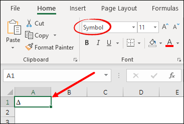 enter delta symbol in excel by changing font style