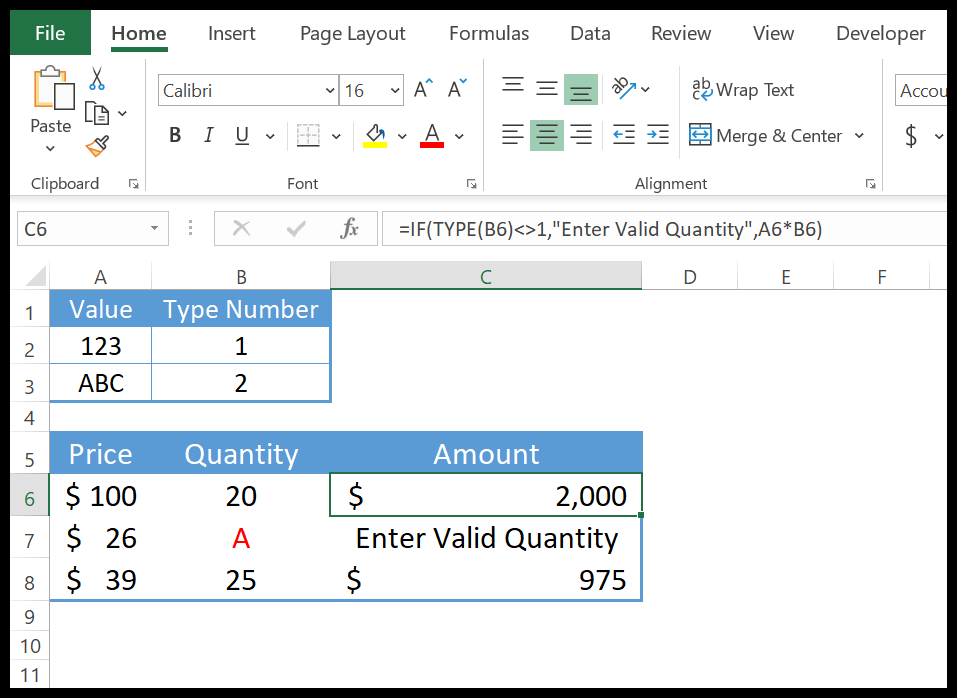 Excel-Typ-Funktionsbeispiel