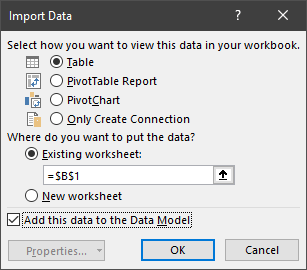 نافذة لإضافة بيانات الجذر التربيعي إلى ورقة عمل موجودة باستخدام استعلام الطاقة في Excel