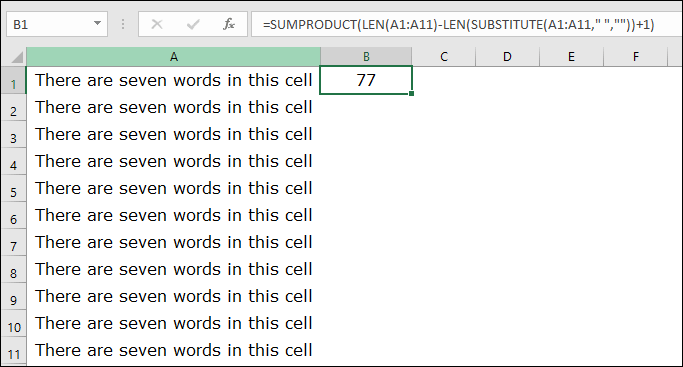 صيغة لحساب الكلمات في Excel من نطاق صف العمود