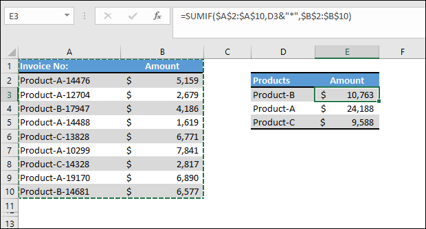 fórmula que utiliza el comodín de asterisco con sumif para obtener el total de la factura