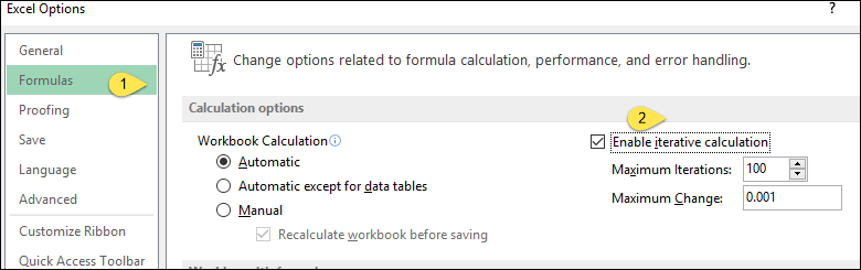 masukkan stempel waktu di Excel dengan referensi melingkar mengaktifkan iterasi