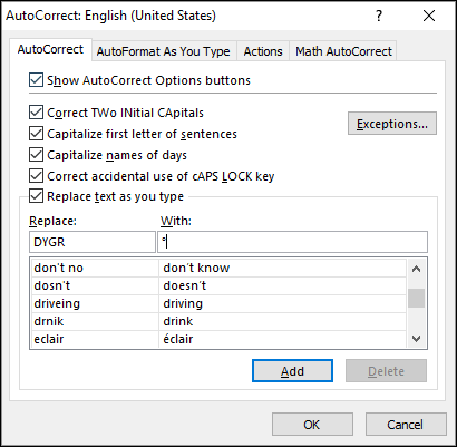 masukkan simbol derajat di Excel menggunakan koreksi otomatis