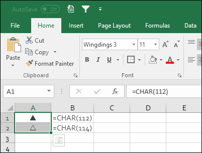 masukkan fungsi bagan ke dalam sel untuk menambahkan simbol delta di Excel
