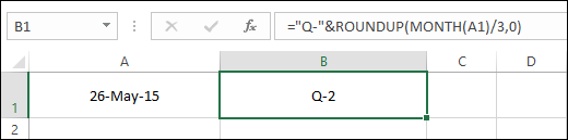 número de trimestre de Excel usando la fórmula de mes redondo con q