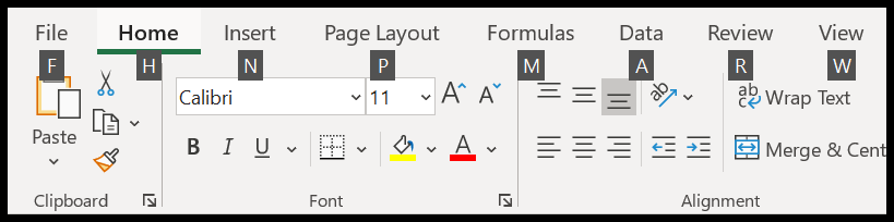 شريط Excel مع اختصارات لوحة المفاتيحشريط Excel مع اختصارات لوحة المفاتيح