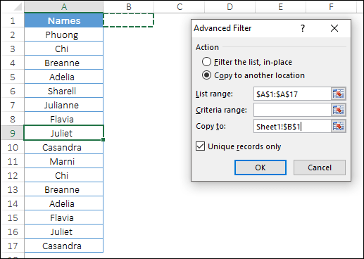 select range with advance filter to count unique values