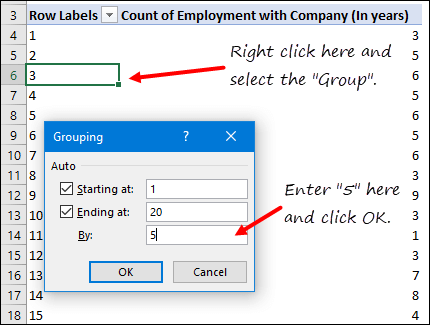 select the group to create a histogram in excel using pivot table