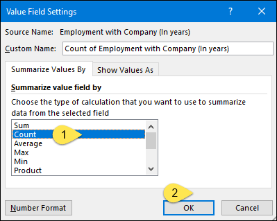 select count for the value field to insert a histogram in excel using pivot table